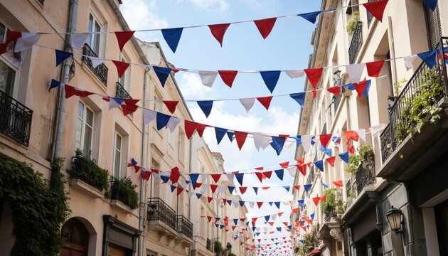 Traditional French street decorated with red white blue bunting flags for Bastille Day celebration. Buildings with balconies and windows line the street under a bright blue sky with clouds. - Powered by Adobe