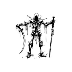 A Grim Reaper illustration standing tall holding a sword in one hand and a stick in the other