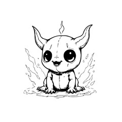 Whimsical baby demon illustration featuring big eyes and horns suitable for fantasy themed projects and coloring books