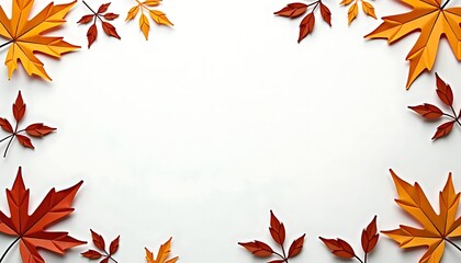 Autumn leaves arranged on a light background, empty space in the center, seasonal decoration, copy space
