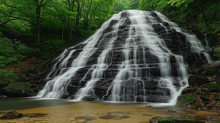 Lush, tiered waterfall cascading over dark rock face in a misty forest.