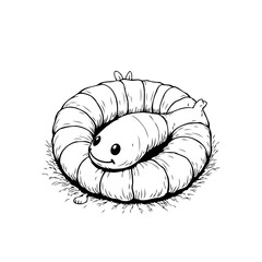 Cute worm resting on its coiled body in a charming black and white illustration drawing
