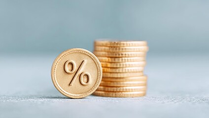 Gold coins with percentage symbol highlight savings and investments.