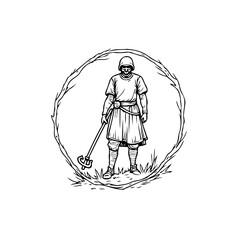 Standing medieval knight illustration with spear inside circle twigs artistic fantasy drawing warrior concept adventure courage