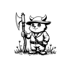 Illustration of a cute viking cat warrior standing with an axe in a field ready for battle