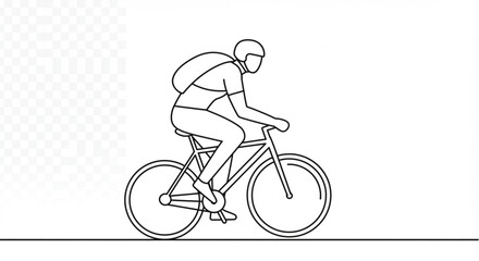 Fototapeta premium A simple line drawing of a cyclist with a helmet and backpack riding a bicycle on a flat surface