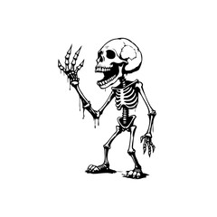 Cartoon skeleton character raising its hand, an illustration with a friendly greeting and bony figure for decoration and themes