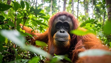Fototapeta premium Close-up of an Orangutan in its Natural Habitat, Borneo Rainforest, Portrait of an Ape