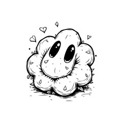Illustrative kawaii flower character with hearts expressing affection, hand-drawn style, adorable, artistic digital artwork for children