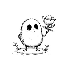 Whimsical cartoon character offering a flower in a black and white sketch style digital art illustration