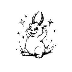 Whimsical horned creature illustration featuring a cute animal with stars and cheerful expression in black and white