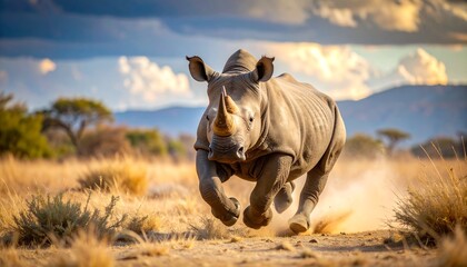 A rhinoceros charges forward at full speed across a grassy plain, kicking up dust under a dramatic cloudy sky.