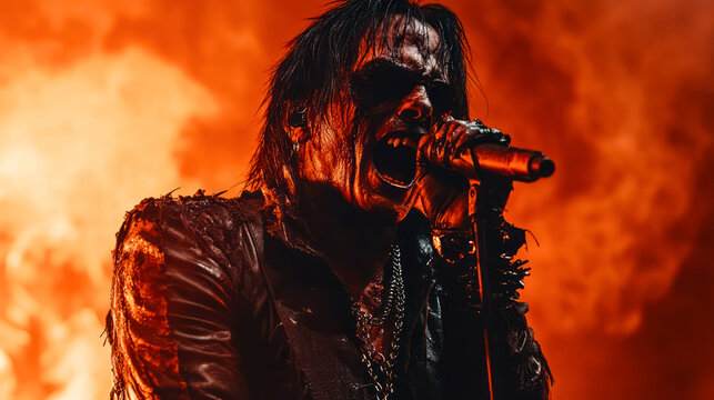 Vampire as a lead singer of a trash metal band performing on concert in hell - Powered by Adobe