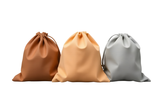 Set of three drawstring bags in neutral colors against a transparent background