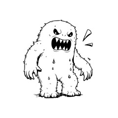 Furry monster creature angry expression black and white doodle illustration design for kids educational purpose projects