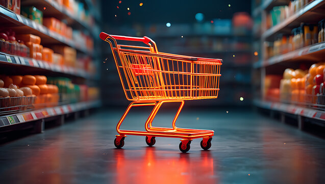 Orange shopping cart in grocery store aisle trolley