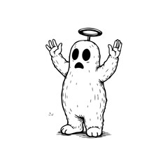 Whimsical and quirky ghost-like creature with a halo raises its hands in playful surprise and intrigue