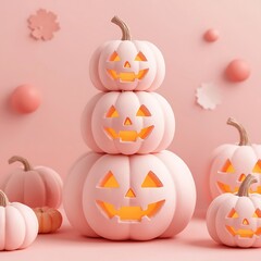 Three pink halloween pumpkins stacked on top of each other in studio