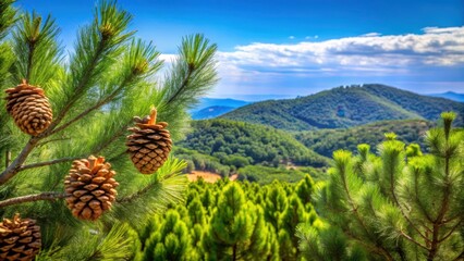 A pine tree's cones in a Mediterranean landscape with rolling hills and blue sky