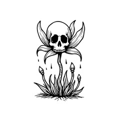 Intricate skull flower drawing embodying concepts of mortality, beauty, decay, and artistic expression with detailed line-work