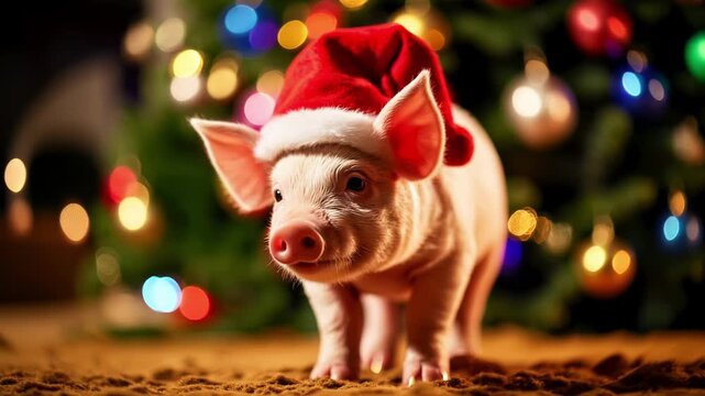 Adorable piglet in a Christmas cap. Christmas background with Christmas tree balls and decorations. Fairytale atmosphere of New Year and Christmas, Christmas Eve.