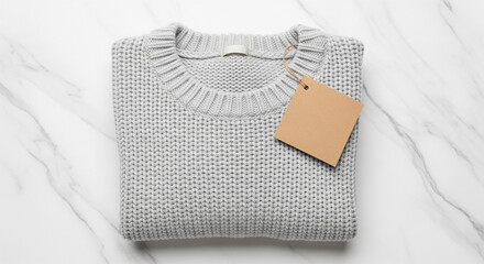 Light Gray Sweater with Blank Square Tag on Marble Background
