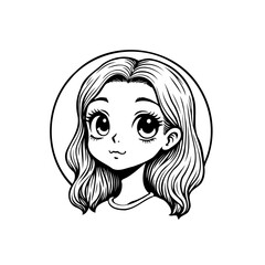 Illustration of a cute cartoon girl in manga style with big eyes and flowing hair within a circle frame
