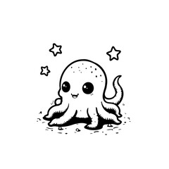 Charming little octopus with stars floating around it, adorable marine creature in a simple black and white