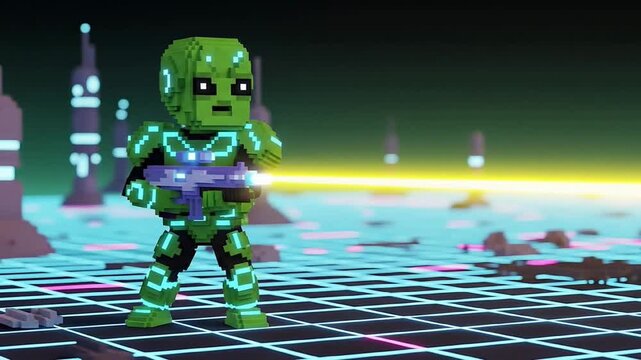 Futuristic pixel art soldier firing laser gun in sci fi digital battleground animation.