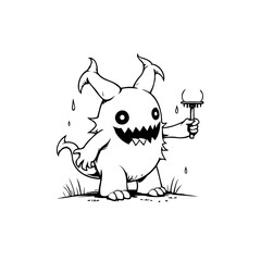 Humorous horned creature illustration holding eyeball lollipop character drawing funny halloween scary monster