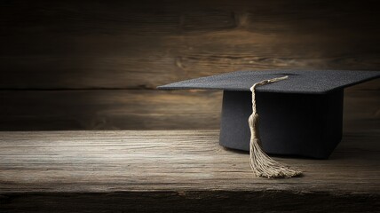 Graduation cap placed on wooden desk under soft overhead light symbolizing success in education and youth beginning