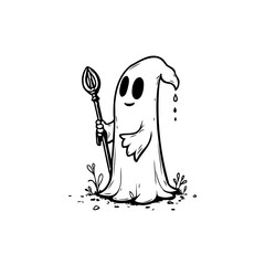 Whimsical halloween ghost with a staff illustration, cartoon style for festive seasonal designs and invitations