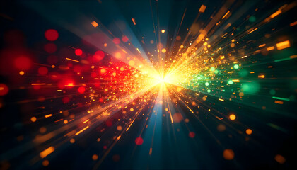 Obraz premium Abstract Burst of Light with Orange Red and Green Hues Featuring Bokeh and Energy Radiating from Center