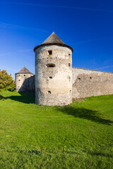 Obraz premium Bzovik Castle rising on green hill in Slovakia under blue sky