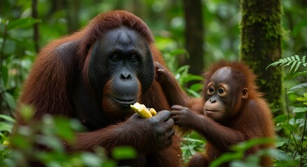 Obraz premium Orangutan Mother and Baby Eating Banana in Lush Jungle