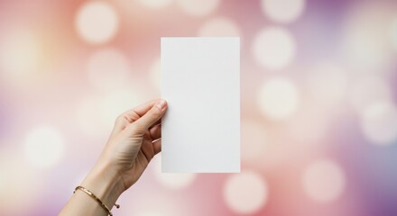 Hand Holding Blank White Card Over Colorful Bokeh Background
