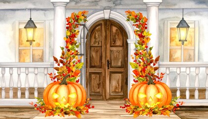 Obraz premium Watercolor illustration of a charming autumn porch decorated for Halloween with two glowing jack-o'-lanterns and vibrant fall foliage.