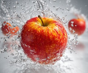 Apple Splash Freeze Frame with Ice-Crystal Halo, Studio Lighting on White Background for Juice Ads, Health Food Packaging or Wellness Theme Design