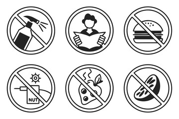 Collection of prohibition signs isolated on white background for various products