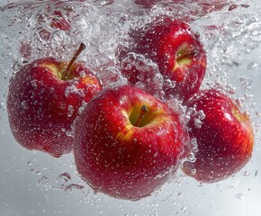 Apple Splash Freeze Frame with Ice-Crystal Halo, Studio Lighting on White Background for Juice Ads, Health Food Packaging or Wellness Theme Design