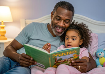 A loving African American father reads a captivating bedtime story to his young multiracial daughter, fostering family connection and literacy.