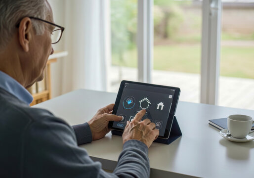 Senior man using a digital tablet to control his smart home security and climate system, demonstrating modern lifestyle technology.