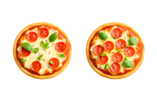 Two delicious pizzas with pepperoni, cheese, and basil on a transparent surface - Powered by Adobe