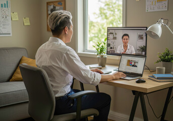 Diverse Professional Collaborating Virtually from a Modern Home Office Setup, Highlighting Remote Work and Digital Communication