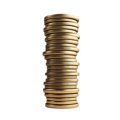 A tall stack of shiny gold coins isolated on a white background., transparent png