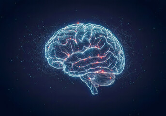 A luminous digital human brain in a neural network, symbolizing artificial intelligence, technological innovation, and advanced cognitive processes within a connected world.