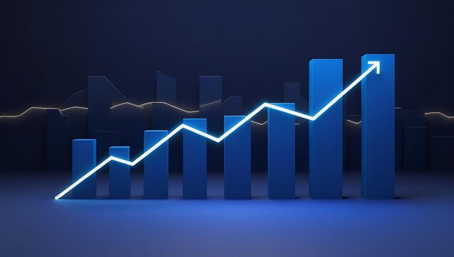 Futuristic glowing data visualization graph with neon light bars and line chart on dark background