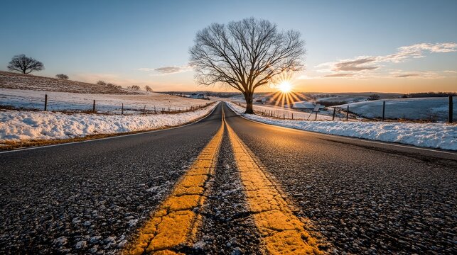 Country Road at Sunset in Winter