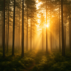  AI-generated photo of a foggy pine forest at sunrise with golden rays cutting through the mist.