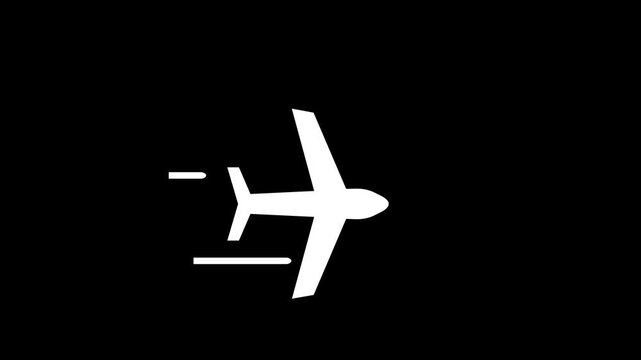 An airplane icon with motion lines represents fast air travel. Airplane is flying on background. white color Simple plane icon flay icon animation. Airplane flies in sky. on black background.
